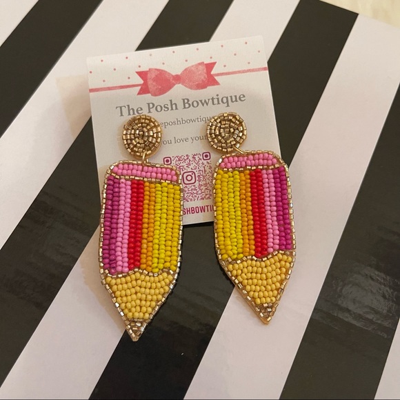 The Posh Bowtique Jewelry - Pencil Bright Yellow & Pink Seed Beaded Teacher Statement Earrings